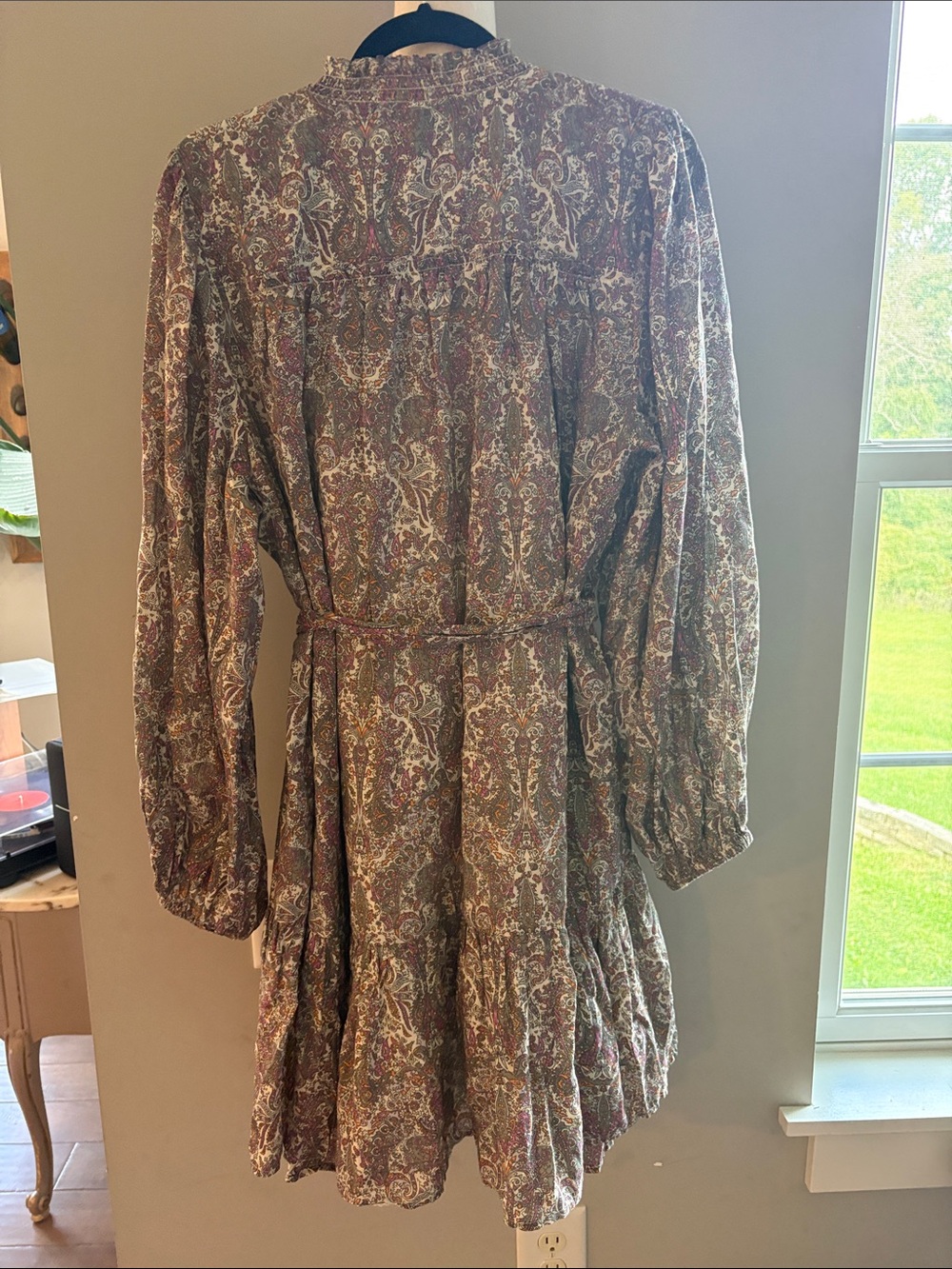 Anthropologie Paisley Tie-Waist Long Sleeve Dress in Grey and Cream - Picture 3 of 5